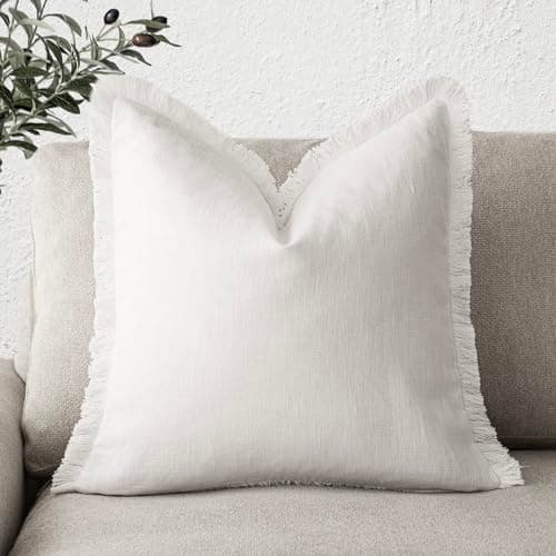 Boho Farmhouse Fringe Throw Pillow Cover, 26×26 Inch, Cream White - Living Room Decor