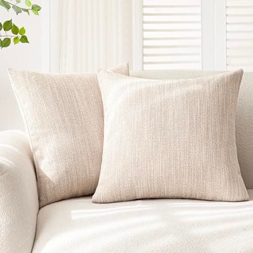 2-Pack Farmhouse Burlap Linen Throw Pillow Covers, 18x18 Inch, Light Beige