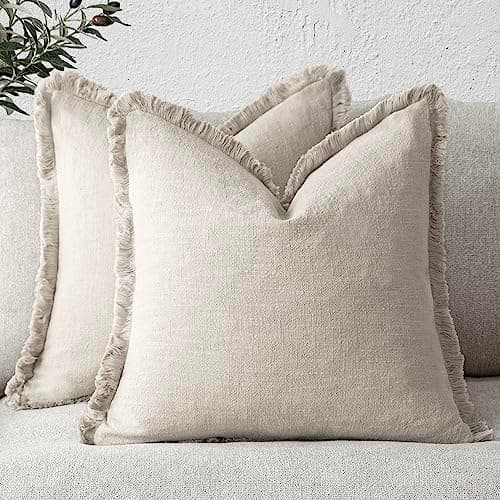 Decorative Linen Fringe Throw Pillow Covers with Tassels - Set of 2