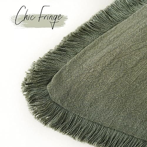 Linen Fringe Throw Pillow Cover with Tassel - Olive Green, 18×18 Inch