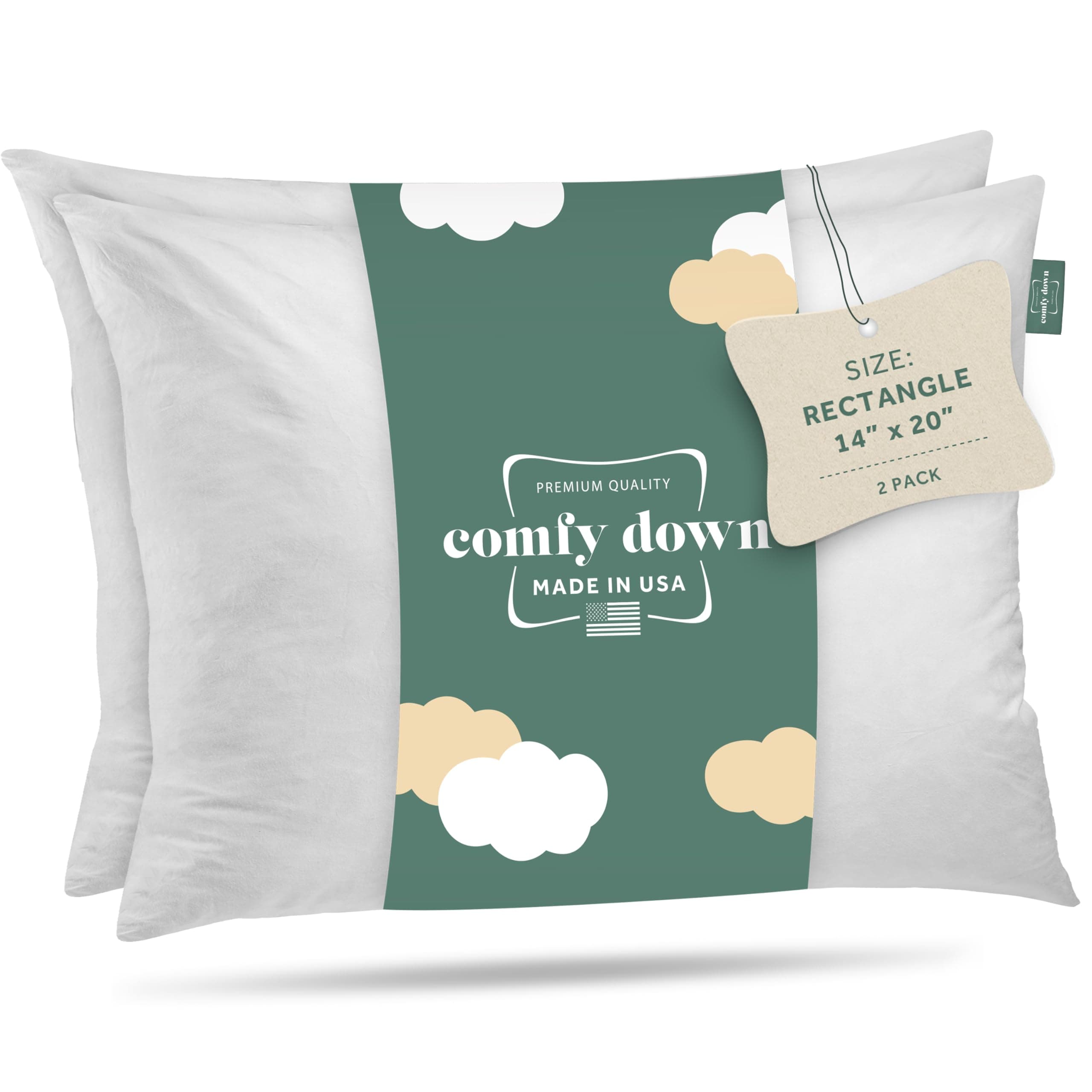 USA-Made 14x20 Down Feather Pillow Insert, 100% Cotton Cover (Set of 2)