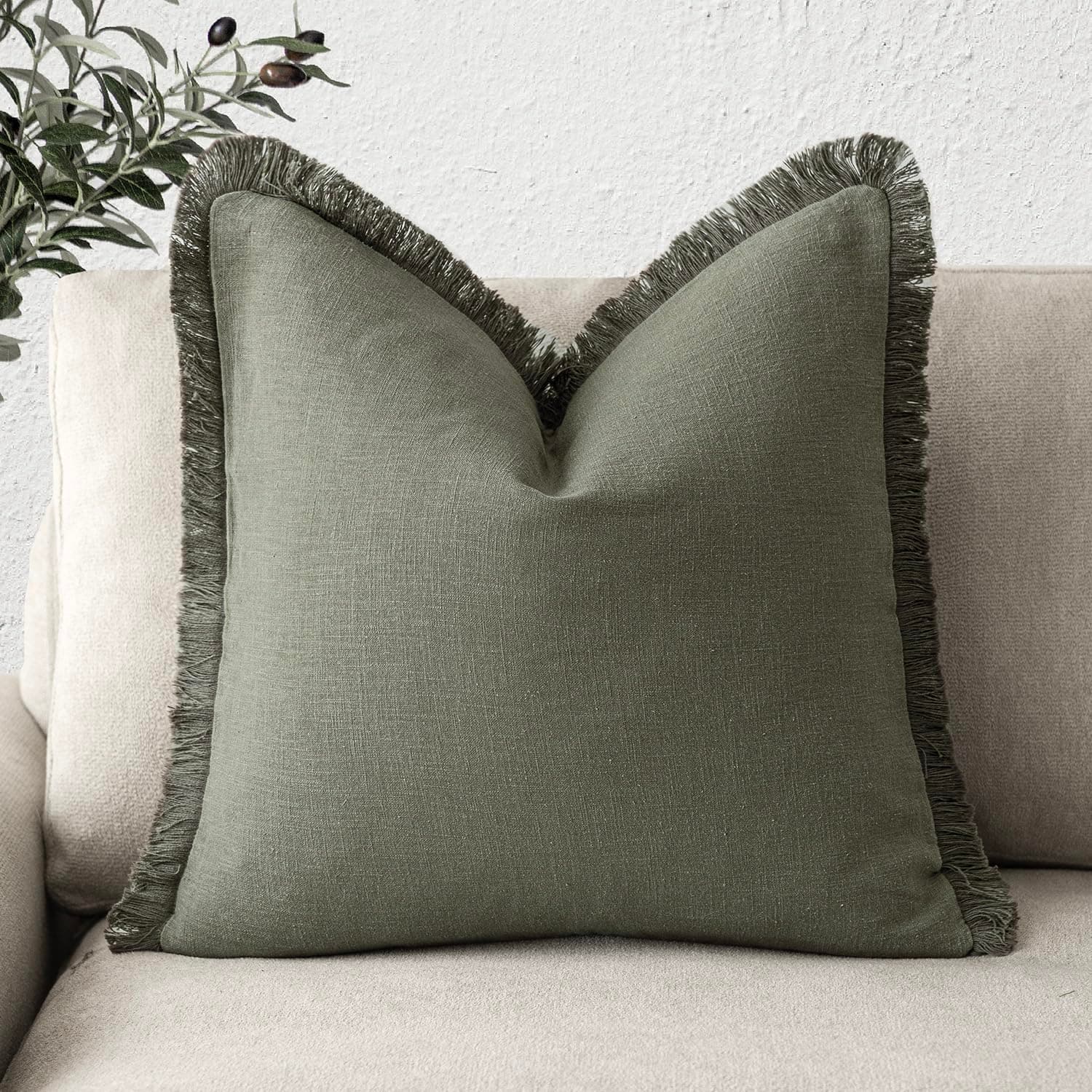 Linen Fringe Throw Pillow Cover with Tassel - Olive Green, 18×18 Inch