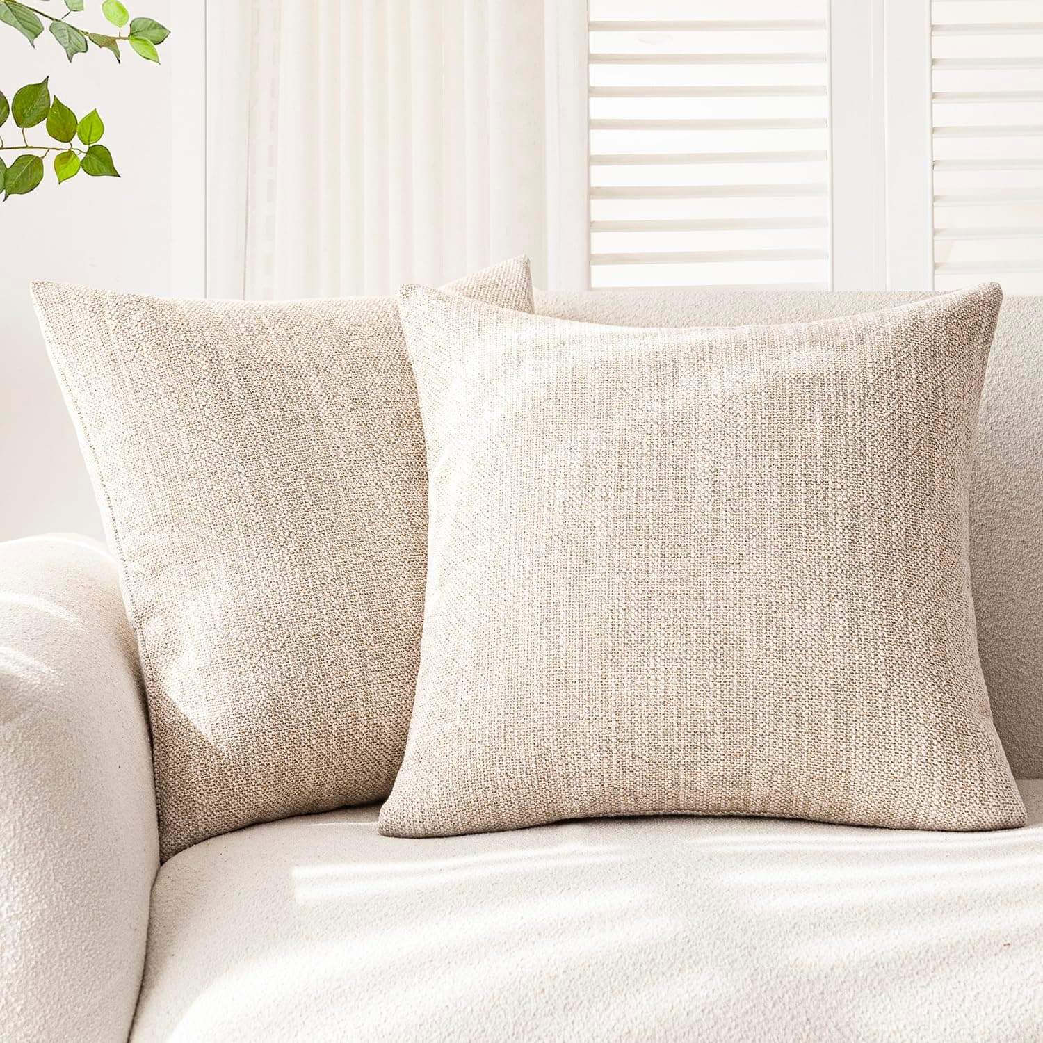 2-Pack Farmhouse Burlap Linen Throw Pillow Covers, 18x18 Inch, Light Beige