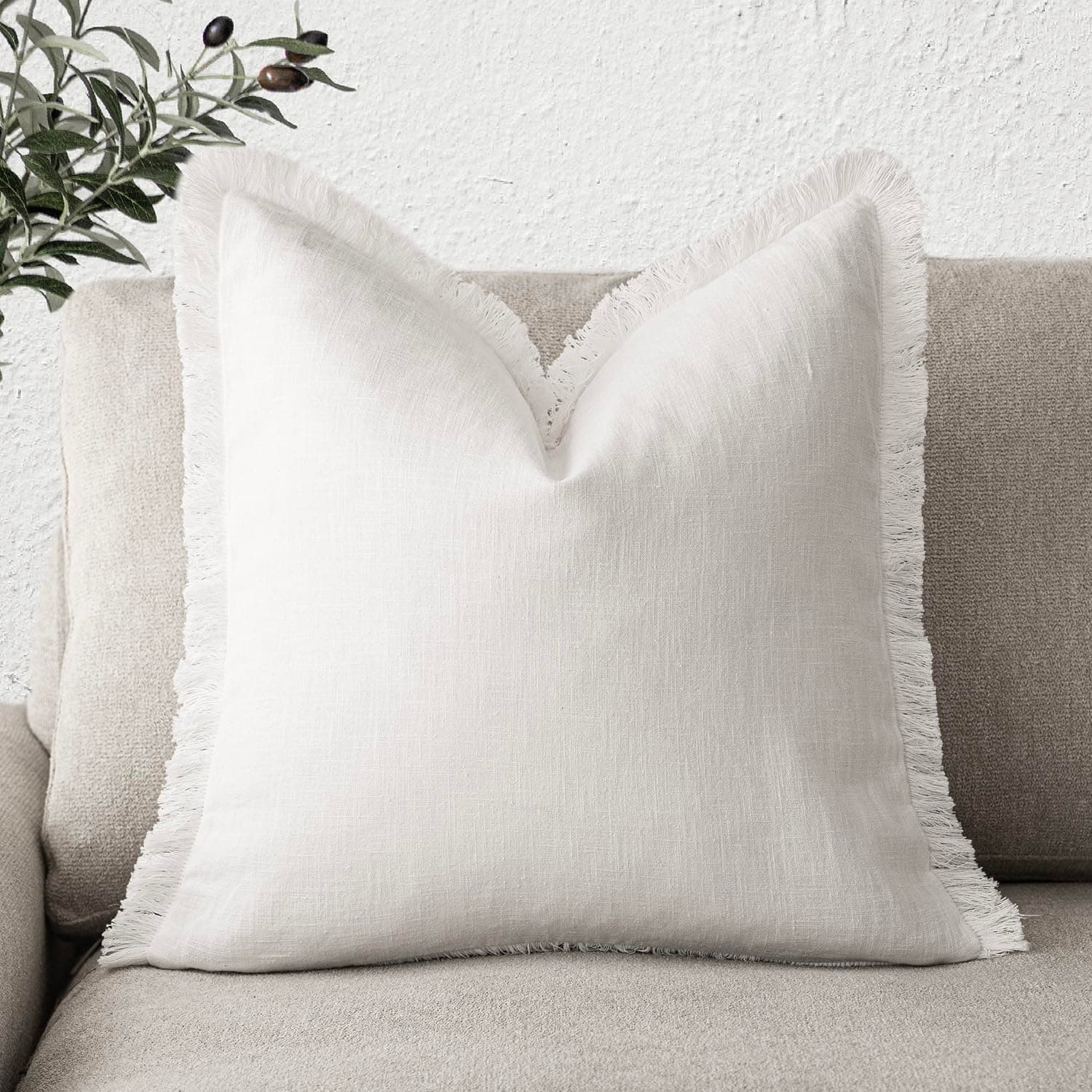 Boho Farmhouse Fringe Throw Pillow Cover, 26×26 Inch, Cream White - Living Room Decor