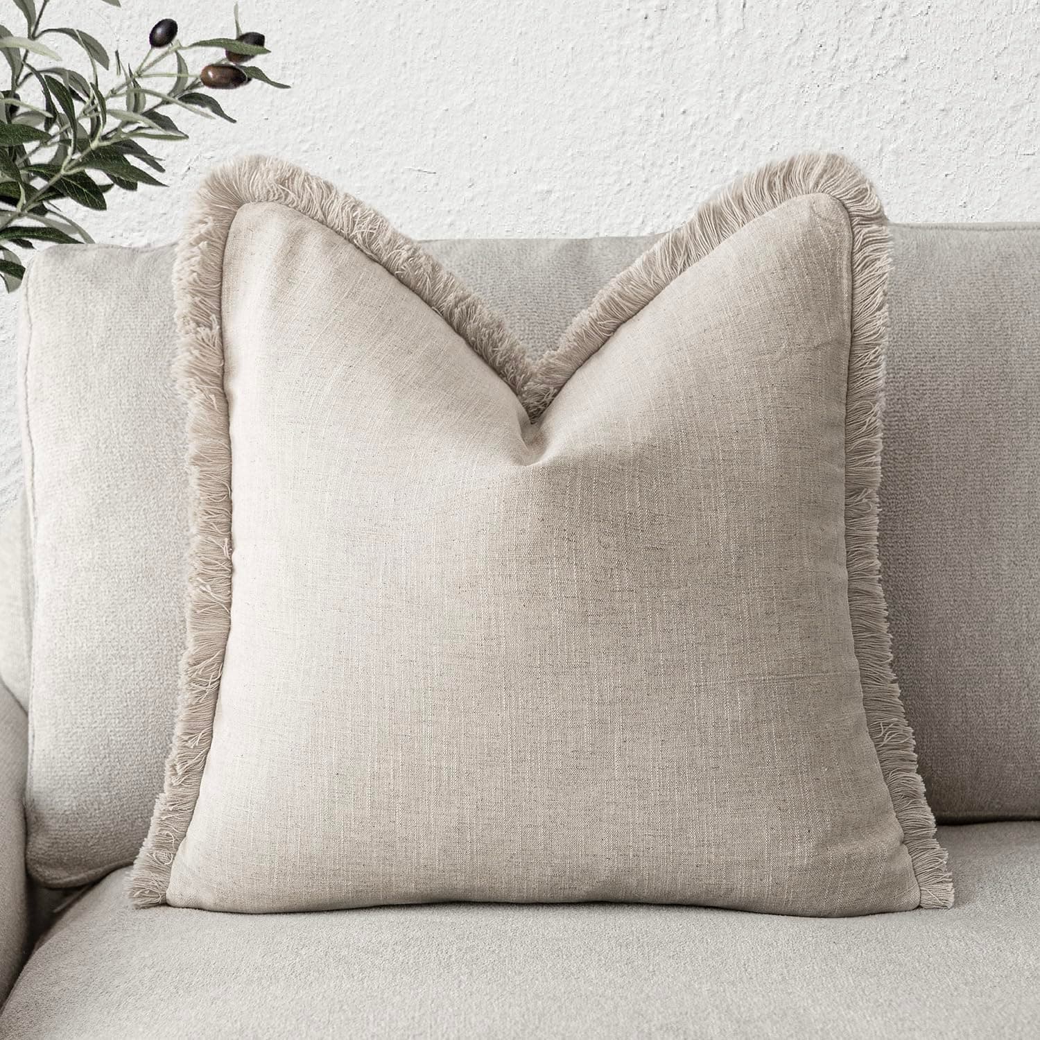 Decorative Linen Fringe Throw Pillow Cover with Tassel for Home Décor