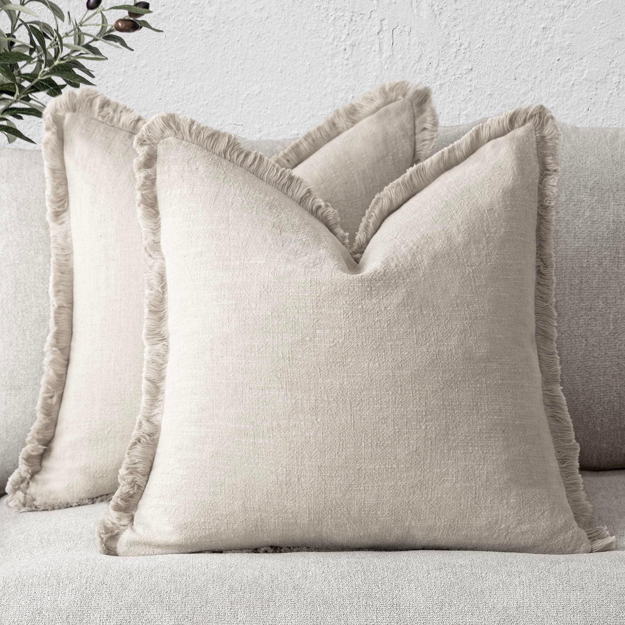 Decorative Linen Fringe Throw Pillow Covers with Tassels - Set of 2